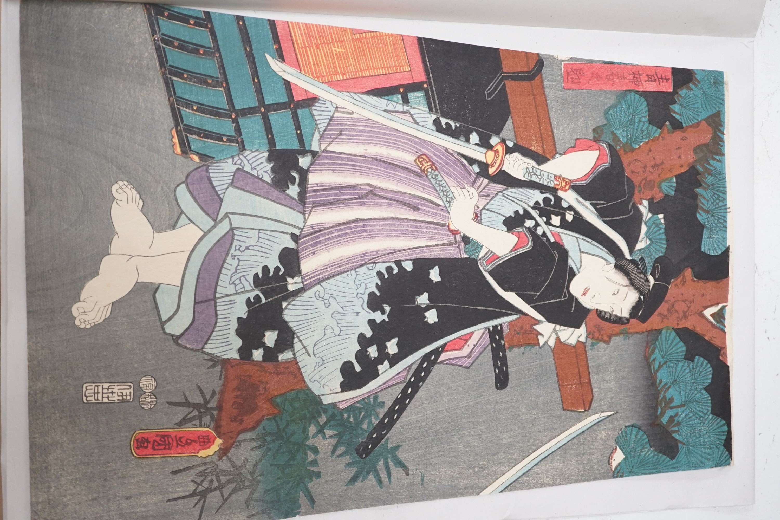 Kunisada, three woodblock prints, Actors as Samurai, cropped, 36 x 24cm, unframed